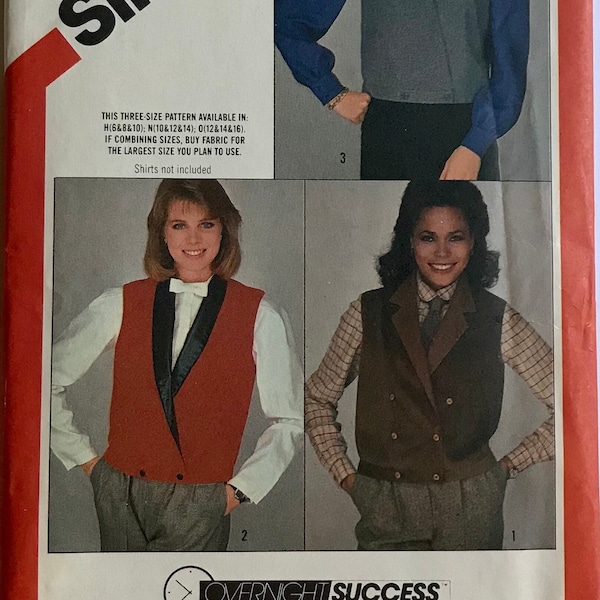 Simplicity 6109 1980s Misses' Lined Vests Collar Variations sewing pattern double breasted vest, V-neck Sizes 10-12-14 UNCUT