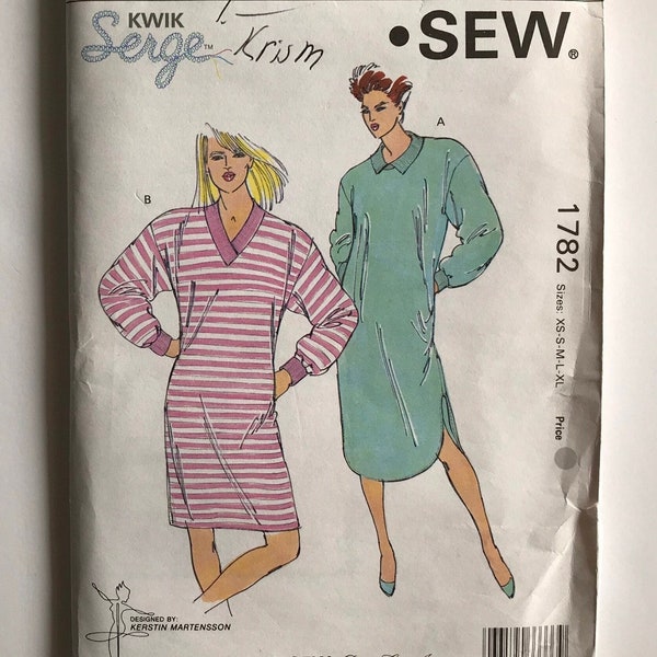 Kwik Sew 1782 1980s Misses' Pullover Night Shirt Nightgown pattern sizes XS-S-M-L-XL Uncut