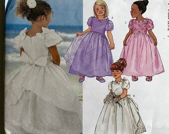 Butterick 6957 Children's/Girls' Dress Pattern, Flower Girl Dress, Party Dress below ankle with puff sleeves sizes 2-3-4-5, UNCUT