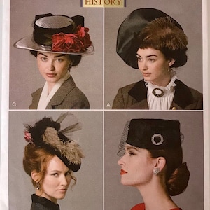 May include: A vintage sewing pattern for four different styles of hats. The pattern is from Butterick and has the number B6397/OSZ. The hats are all black and feature different embellishments, including feathers, flowers, and netting.