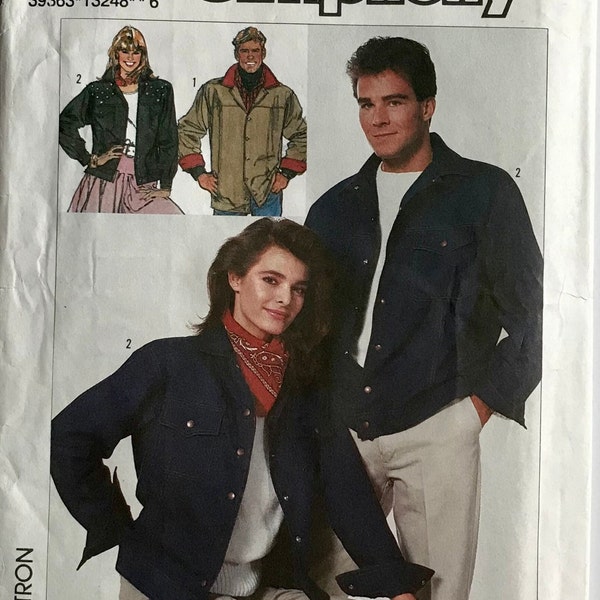 Simplicity 8096 90s Unisex Jean Jacket sewing pattern Loose-fitting unlined jacket in two lengths with yokes sizes XS-S-M-L-XL UNCUT