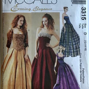 May include: McCall's Evening Elegance sewing pattern featuring illustrations of formal gowns. The pattern includes a variety of styles, including a gold, a burgundy, a blue and green plaid, and a purple gown. Size D (12-14-16).