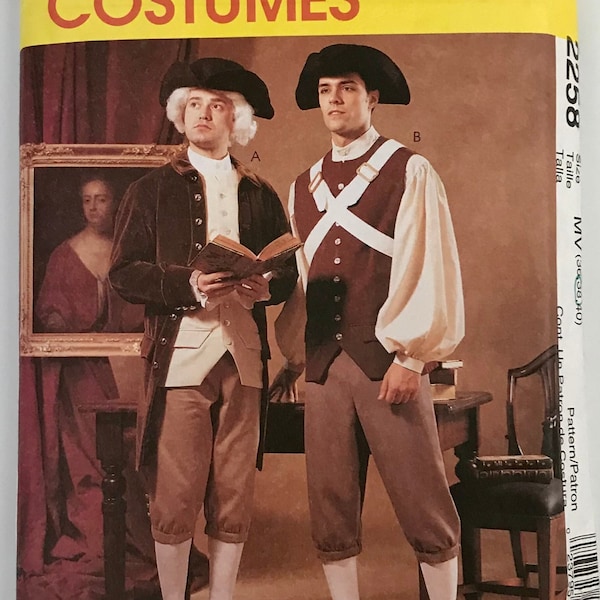 McCall's 2258 Men's Revolutionary War 18th Century Costume Coat Vest Shirt Pants Hat Belt Sewing Pattern Sizes 36-38-40 or 40-42-44 UNCUT