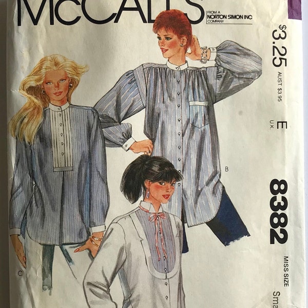 McCall's 8382 1980s Misses' Tuxedo Bib Shirts with stand collar, long sleeves, front gathers, shirttail hem Sewing Pattern size Small UNCUT