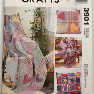 McCall&#39;s 3901 Rag Throws and Pillows with Heart & Star accents sewing pattern 48&quot; x 56&quot; or 64&quot; x 64&quot; throw by Jennifer Lokey One size UNCUT