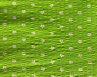 Tutti Frutti fabric White Daisy print on bright lime green, Lightweight summer seersucker-type garment fabric for dresses, tops 1.75 yards