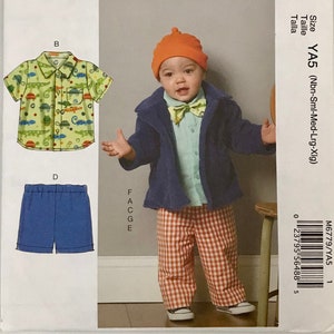 McCall&#39;s 6779 Infants&#39; Jacket, Shirts, Shorts, Pants, Hat and Bow Tie, button front shirt Sewing Pattern sizes NB-S-M-L-XL 8-29 pounds UNCUT