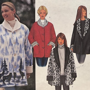 May include: A vintage sewing pattern featuring illustrations of various coat designs. The coats include a red coat, a black coat with leopard print trim, and a blue and white coat with a forest and wolf design.