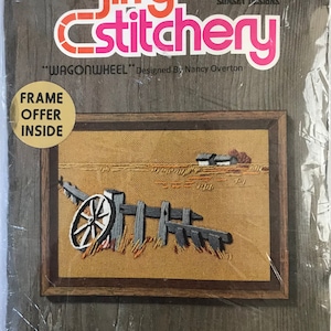 1970s Wagon Wheel 8016 Stitching kit by Jiffy Stitchery Crewel kit Vintage country scene desgin for 5&quot; x 7&quot; frame Unopened kit