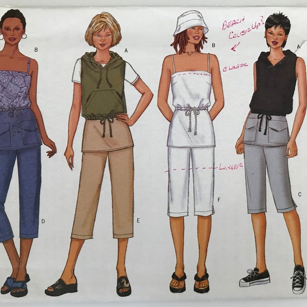 Butterick 6542 Casual Clothes Sleeveless Top: spaghetti strap or hoodie, Capris, long shorts Easy Sewing Pattern Sizes 6-8-10 inches UNCUT