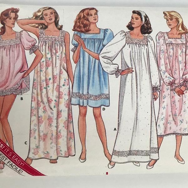 Butterick 5854 80s Misses' Sleepwear, Nightgown and shorts, length & sleeve variations sewing pattern Sizes L-XL Partially Cut Complete Read