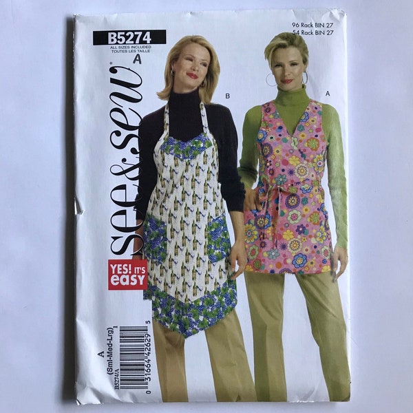 See & Sew B54274, Apron Pattern, Wrap front or Classic Ties at neck and waist, with Pockets, Sizes S-M-L, uncut from 2008