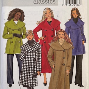 May include: Butterick classics sewing pattern B4879 featuring illustrations of women's coats in various colors and styles. The pattern includes a houndstooth coat, a red coat, a green coat, a blue coat, and a tan coat. The pattern size is RR (18W-20W-22W-24W).