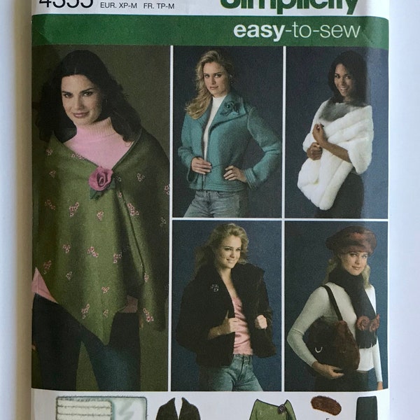 Simplicity 4355 Misses' Jacket, Stole, Scarf, Hat and Bag sewing pattern open front jacket with collar sizes XS, S, M UNCUT