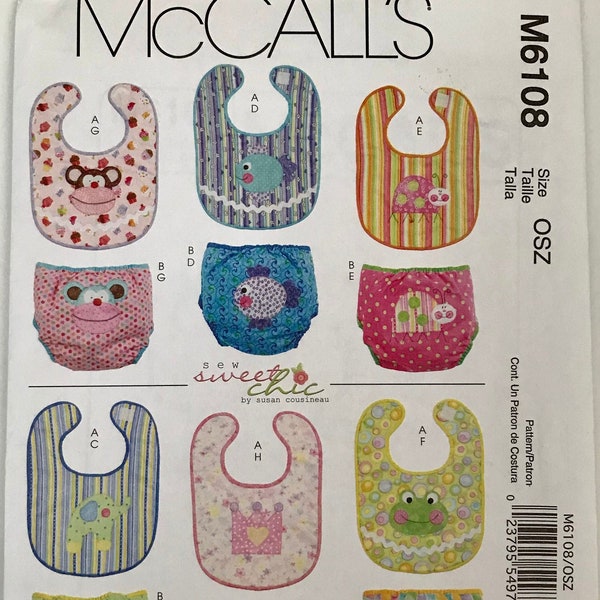 McCall's 6108 Infants Bibs and Diaper Covers with Appliqués Sewing Pattern Sizes NB-S-M-L UNCUT