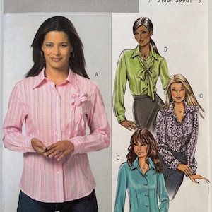 May include: Butterick sewing pattern B4609 featuring illustrations of women's blouses. The pattern includes a pink striped button-down shirt with a floral accent, a green blouse with a bow, a patterned blouse, and a teal button-down shirt.