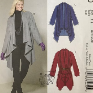 McCall's 6210 Unlined Coats: open front with shawl collar, above mid-knee, shaped hemline Sewing Pattern sizes S-M Uncut