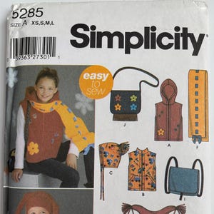 Simplicity 5285 Child&#39;s, Girls&#39; & Boys&#39; Vest, Hats, Scarves, Bags and Accessories Cozy Fleece Easy Sewing Pattern Child XS-S-M-L UNCUT