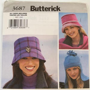 Butterick 3687 Misses' Hats and Scarves cozy Fleece, bucket hat, ear flap hat, newsboy hat, unique fun hats Sewing Pattern sizes S-M-L UNCUT