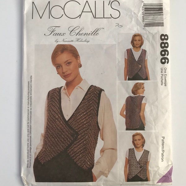 McCall's 8866 90s Misses' Vest, Very loose fitting vest with one button closure with binding on edges sewing pattern Size S-M-L-XL UNCUT