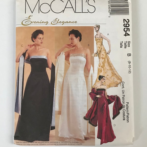 McCall's 2954 Lined Dress & Stole Strapless or Skinny Straps long evening gown Princess Seam Sewing Pattern Sizes 10-12, 12-14, 18-20-22 CUT