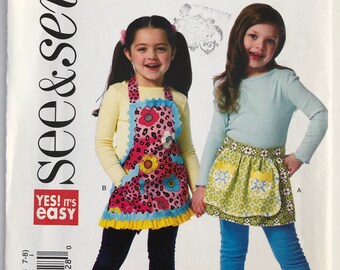 See&Sew 5942 Children's/Girls' Aprons: Half or Full Apron with pockets, bias binding, trim, ties sewing pattern Sizes 3-4, 5-6, 7-8 UNCUT