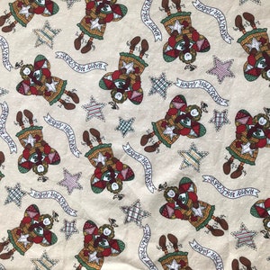 May include: A repeating pattern of Christmas-themed figures and stars on a cream-colored background. The figures are dressed in festive attire with red, green, and gold accents. The words "Happy Holidays" are written on banners throughout the design.