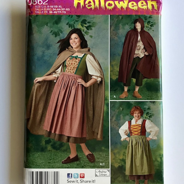 Simplicity 1771/0862 Misses', Men's Medieval Costume Pattern Puff sleeves dress apron, unisex hooded cloak Sizes XS-S-M-L-XL UNCUT