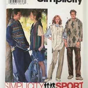 Simplicity 9063 90s Women's & Men's Pull-on Pants or Shorts and Hooded Top with sleeves or sleeveless Sewing Pattern sizes XS-S-M UNCUT