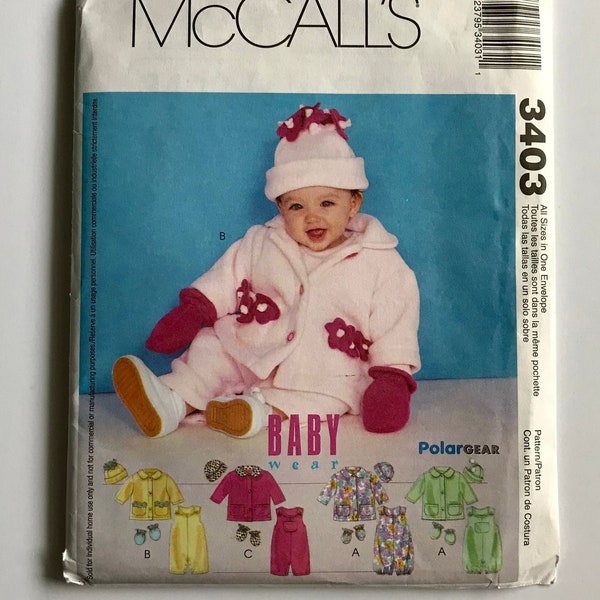 McCall's 3403 Infants' Jumpsuit, Jacket, Hat and Mittens Fleece Sewing Pattern sizes 13-15, 16-18, 19-21, 22-24 pounds UNCUT