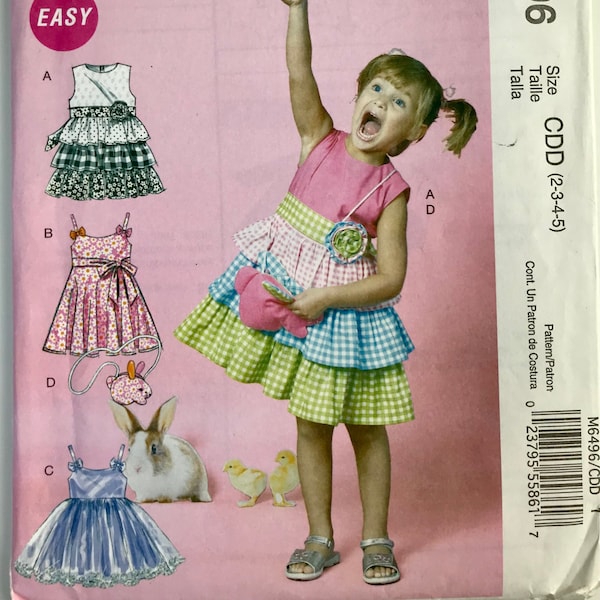 McCall's 6496 Children's/Girls' Dresses, Belt and Bunny Bag fitted bodice Tiered skirt, gathered skirt Sewing Pattern sizes 2-3-4-5 UNCUT