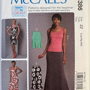 May include: McCall's sewing pattern M7386 for beginner sewers. The pattern includes instructions for making a dress, skirt, and top. The cover features images of the finished garments, including a maxi skirt and a tank top.