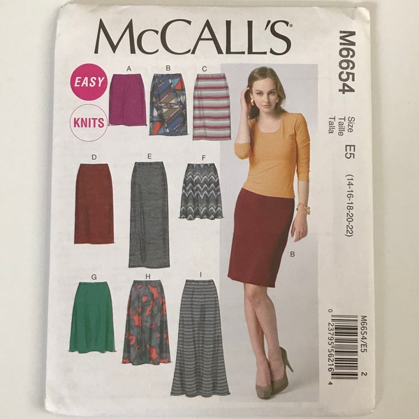 McCall's 6654 Skirts in 7 lengths, semi- or loose-fitting skirts with elastic waist, knit fabrics Sewing pattern sizes 14-16-18-20-22 UNCUT