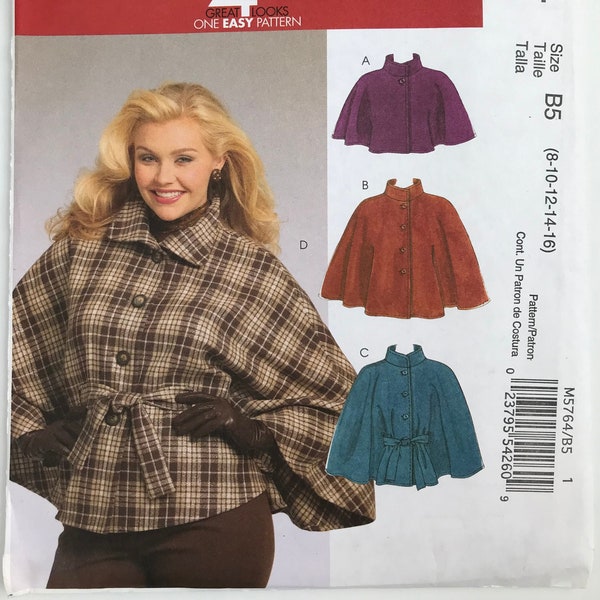 McCall's 5764 Capelets & Belt Jacket Cold Weather Coat, Wool Cape Button front waist, hip length Sewing Pattern sizes 8-10-12-14-16 Uncut