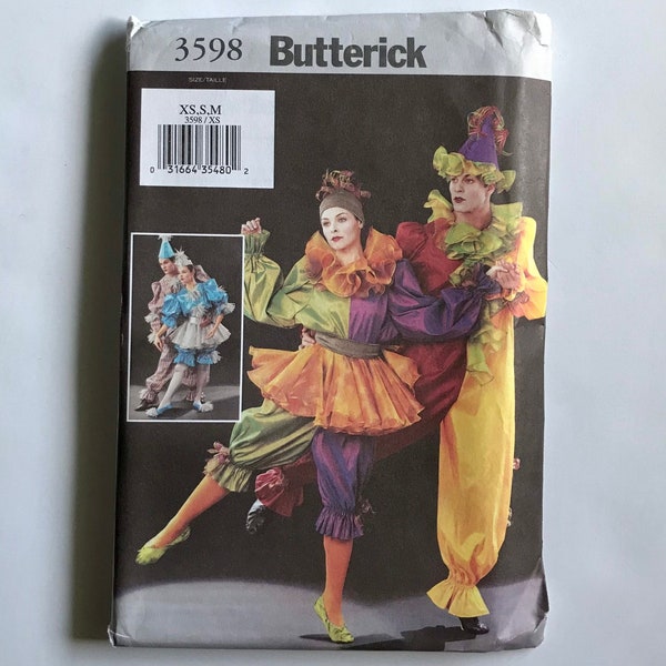 Butterick 3598 Men's/Misses' Jumpsuit and Skirt Costume Pierrot Clown sewing pattern Sizes XS, S, M UNCUT