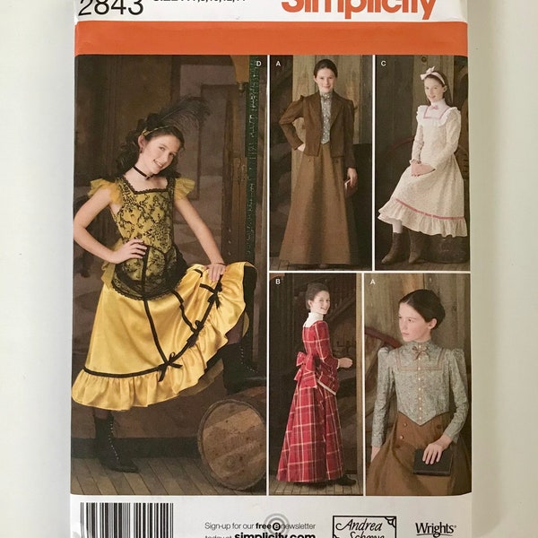 Simplicity 2843 Girls  Dress Jacket Skirt Headpiece Old West Saloon Girl Flirty Costume Halloween sewing pattern Sizes 7-8-10-12-14 UNCUT