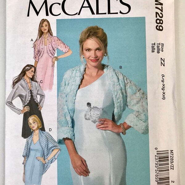 McCall's 7289 Misses' Shrug, Fancy Cover-Ups, Unlined Wraps Mother of the Bride Sewing Pattern sizes L-XL-XxL Uncut