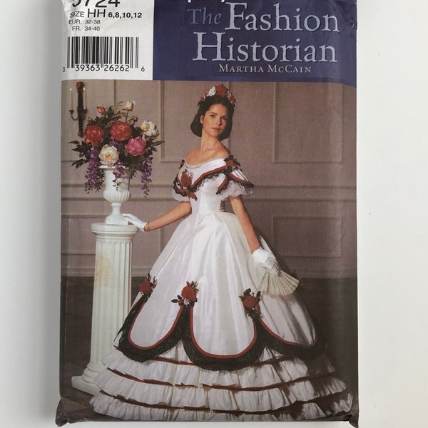 Simplicity 5724, Ball Gown Civil War Costume Pattern Southern Belle Dress fitted boned bodice worn with Hoop Skirt Sizes 6-8-10-12 UNCUT