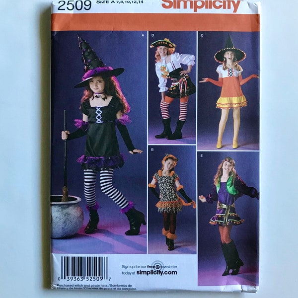 Simplicity 2509 Girls' Costumes Halloween Sewing Pattern Witch, Pirate, Gypsy, Cheetah/Cat size 7-8-10-12-14 UNCUT