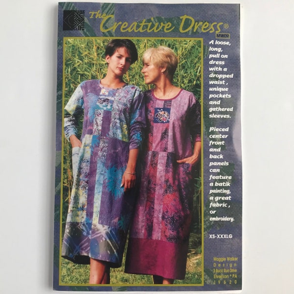 The Creative Dress Pattern by Maggie Walker Design 90s loose, long, pull-on dress, pieced, dropped waist, pockets sizes XS-S-M-L-XL-XXL-XxxL