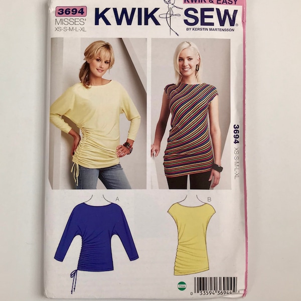 Kwik Sew 3694 Knit t-shirt tops ruched side & boat neckline hip or tunic length cap or dolman sleeve sewing pattern sizes XS-S-M-L-XL UNCUT