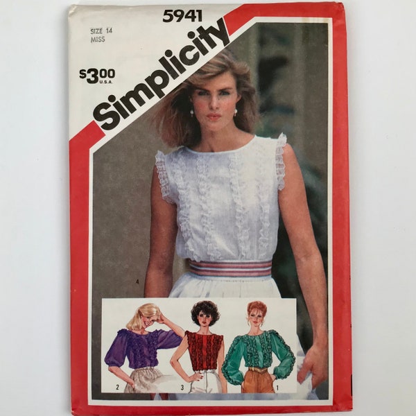 Simplicity 5941 1980s Misses' Back-Buttoned Ruffled Blouse with boat-neck, sleeveless, elbow or long sleeves Size 14 36 inch bust UNCUT