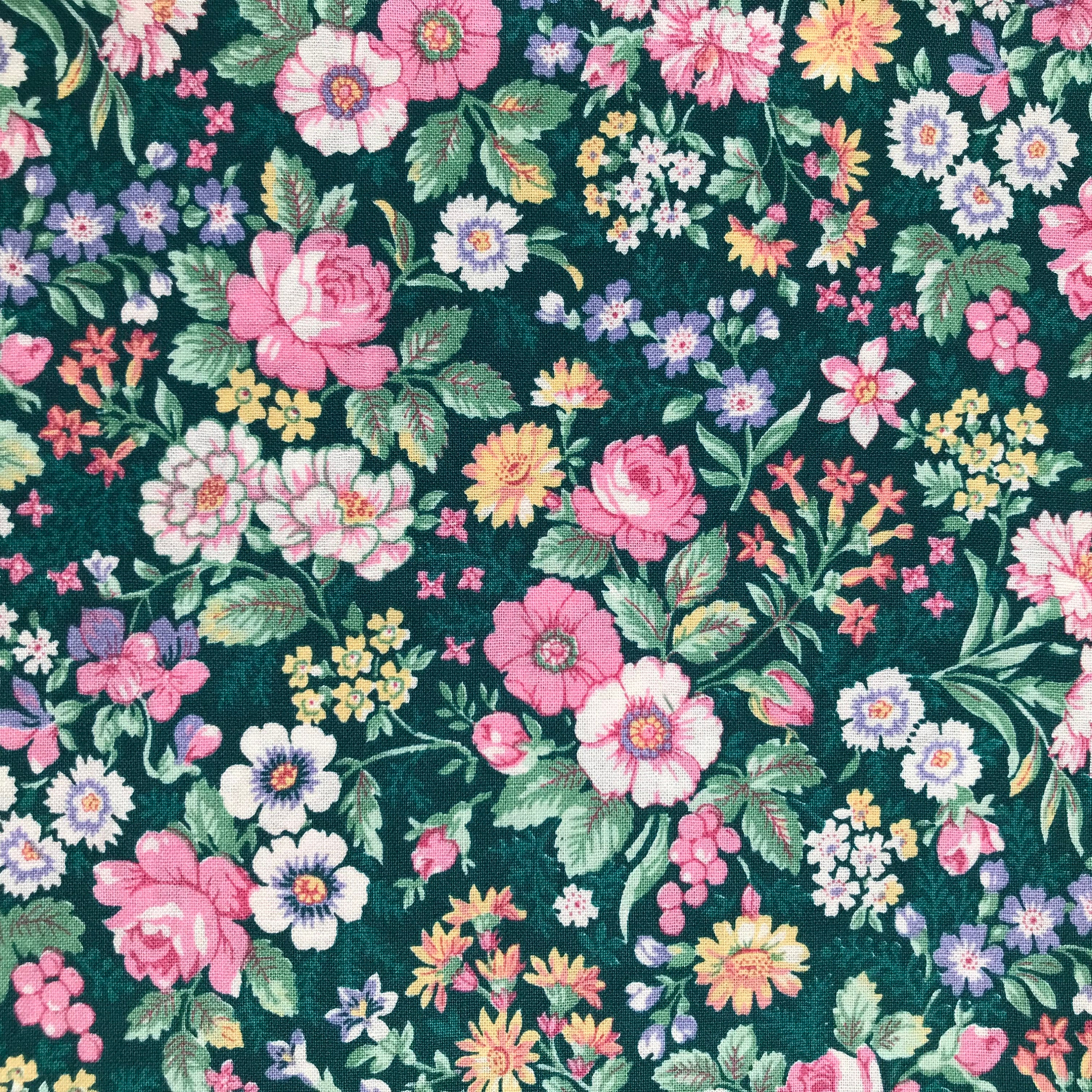 * vintage textile ❀ ふんわり お花柄 テキスタイル Vintage Floral Print Fabric, Pink, White, Yellow, Blue Flowers on