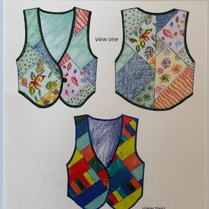 May include: A white paper with the text "Grainline Gear" and "A Division of Lorraine Torrence Designs". The image shows three colorful vest designs, labeled "view one" and "view two". The text "Pieces of Eight" is also visible.