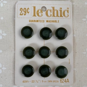 Dark Green vintage shank buttons by le Chic, 9 total plastic 9/16 inch diameter, New Old Stock, Washable, made in Japan