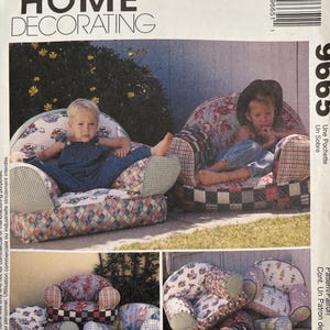 May include: McCall's Home Decorating pattern featuring children's upholstered chairs. The chairs have various fabric patterns, including floral, plaid, and diamond designs. The image shows children sitting in the chairs, and a close-up of the chair designs.
