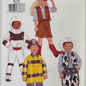 May include: A sewing pattern for children's costumes. The pattern includes three costumes: a firefighter, a cowboy, and an astronaut. The pattern number is 3244 and the size is 6, 7, or 8. The pattern is from Butterick.