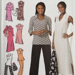 May include: Simplicity sewing pattern featuring various women's clothing designs. The pattern includes options for dresses, tops, and pants. The cover displays a woman wearing a black and white patterned top and black pants. The text "design your own" is visible.