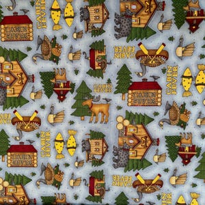 May include: A light blue fabric featuring a repeating pattern of log cabins, moose, bears, geese, pine trees, and yellow fish. The text CABIN FEVER is printed in yellow throughout the design, interspersed with illustrations of crossed oars.