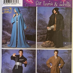 May include: Simplicity costume pattern featuring four costume designs for teens and adults. The designs include a hooded blue robe, a black hooded cloak, a black martial arts outfit, and a brown robe with a belt. The pattern includes the text "Costumes for teens & adults."